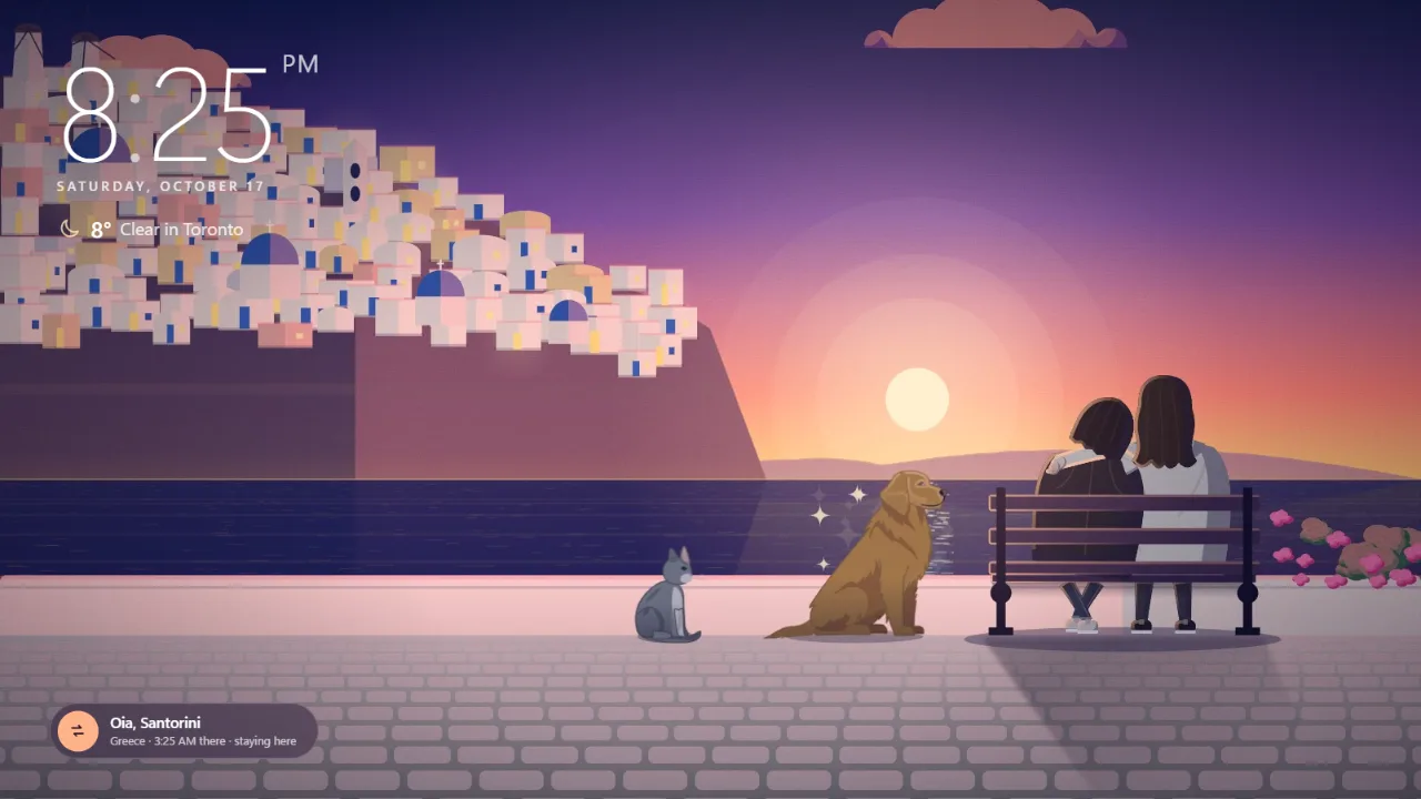 AniMates on a desktop: the clock and weather over Oia, Santorini at sunset